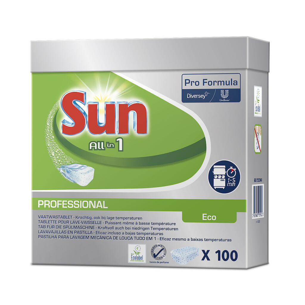 Sun Pro Formula All in 1 Eco Tablets 5x100pc - EU ecolabel diswasher tablets all in1, with built in rinse aid and salt function, suitable for household and professional 1-5min cycle dishwashers.