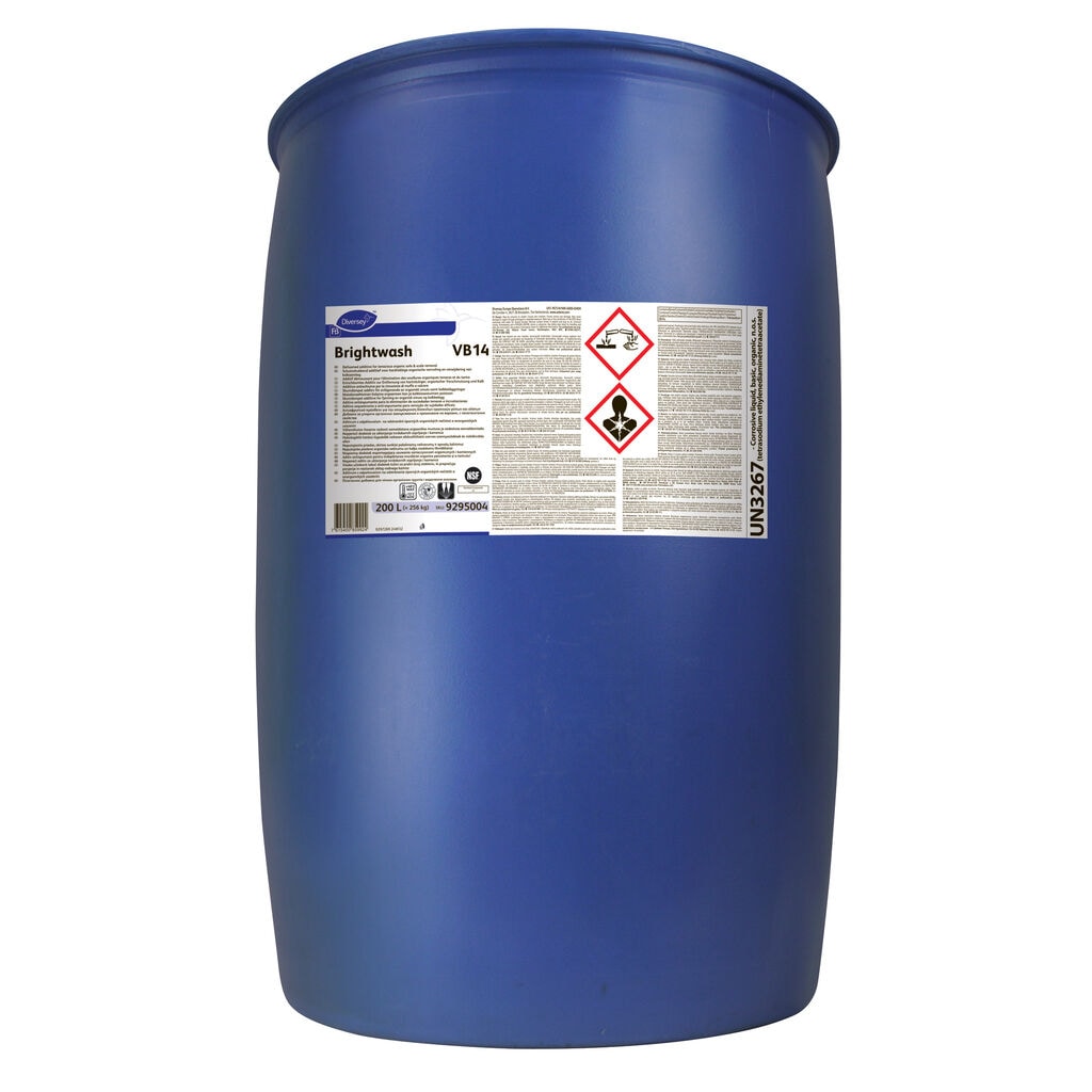 Brightwash VB14 1x200L - Defoamed additive for tenacious organic soils & scale removal
